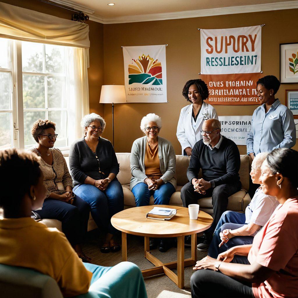 A diverse group of patients of various ages and backgrounds meeting in a cozy, sunlit room, sharing stories of resilience and hope. They are surrounded by supportive family members and advocates, with banners displaying 'Support' and 'Advocacy' in the background. The atmosphere is warm and encouraging, symbolizing empowerment and unity in survivorship. super-realistic. vibrant colors. warm lighting.