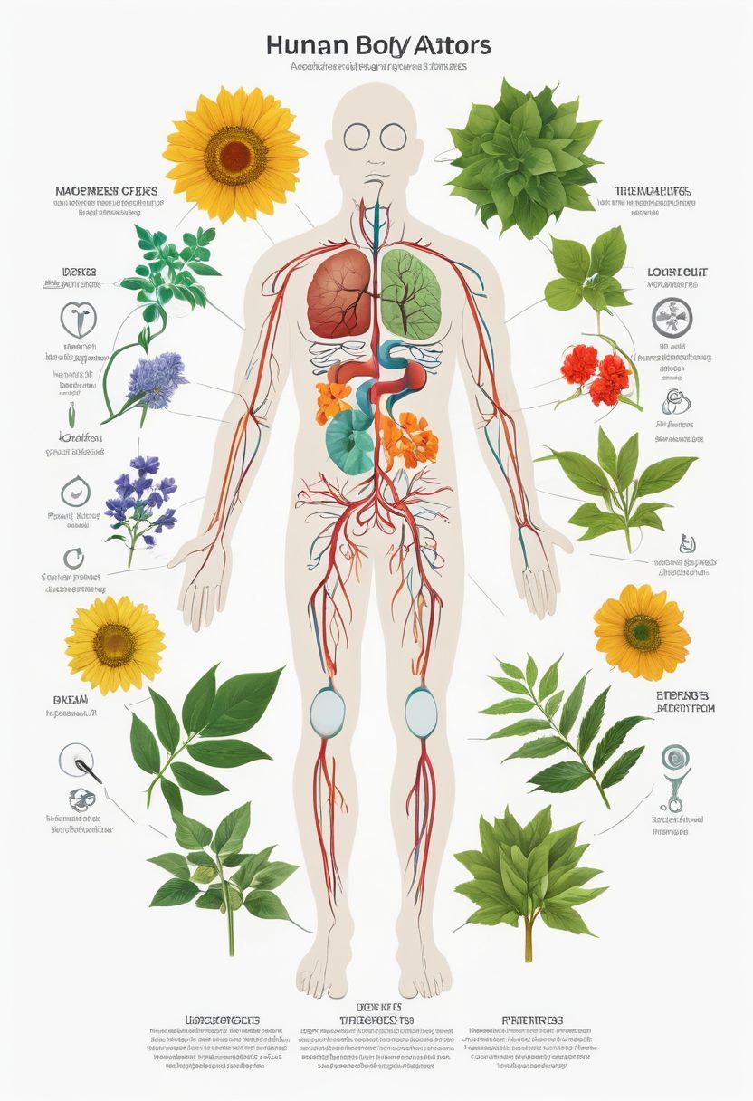 A detailed diagram of a human body with highlighted tumors, surrounded by various medical tools, prevention icons, and holistic care elements like herbal plants and mindfulness symbols. The background should be soft and calming, conveying a sense of hope and understanding. Infographics style. vibrant colors. white background.